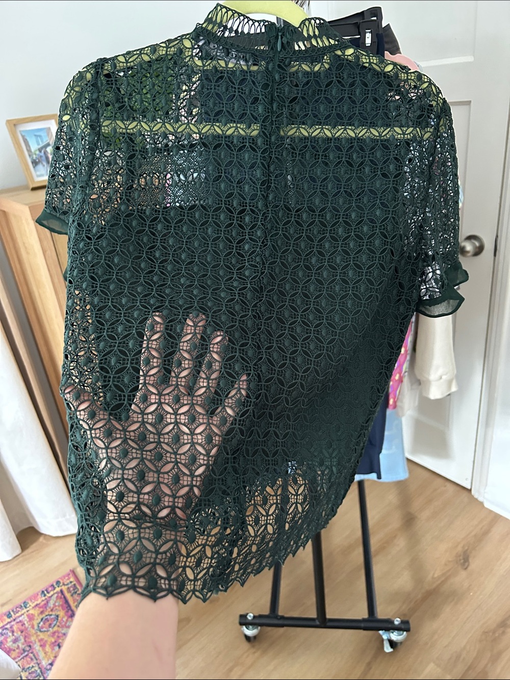 Zara Dark Green Crochet Lace Short Sleeve Top - Picture 5 of 7
